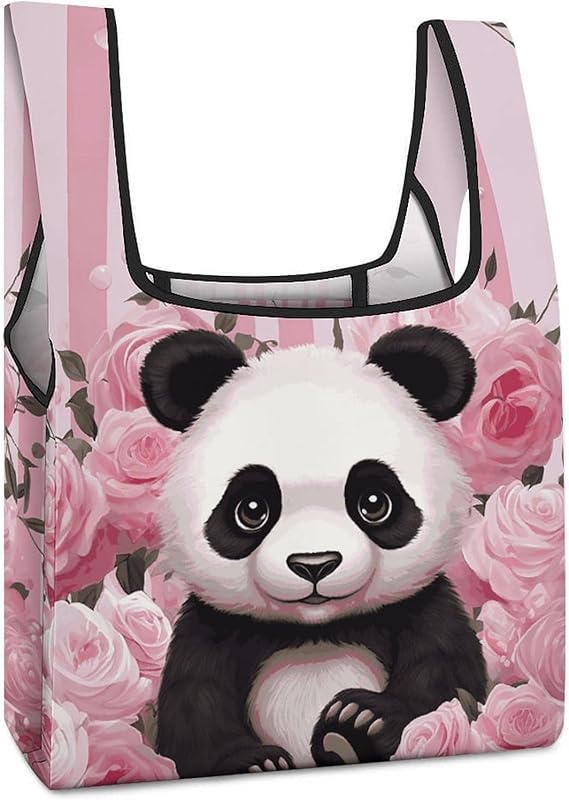 5 Pack Reusable Shopping Bags - Panda Bamboo Print, Waterproof, Holds 50lbs, Eco-Friendly Totes